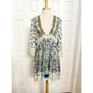 Miss June Paris Jenny Paisley Sequin Embroidered V-Neck Tassel Mini Dress OS